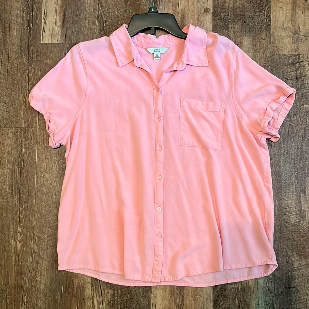 Croft & Barrow Roll Sleeve Pink Coral Button Up Pocket Top